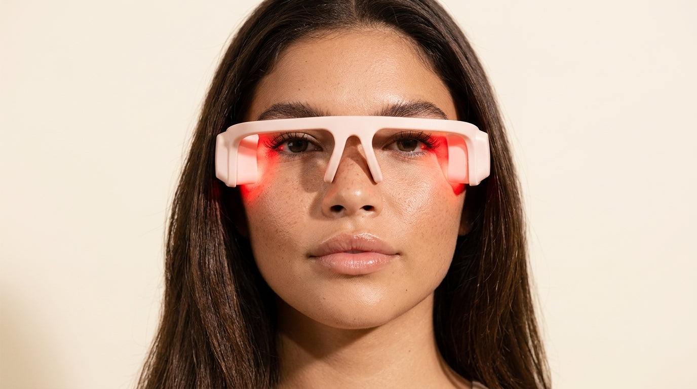 Mujer española de mediana edad relajándose mientras usa las gafas de fototerapia LED roja AETHELIS en su hogar